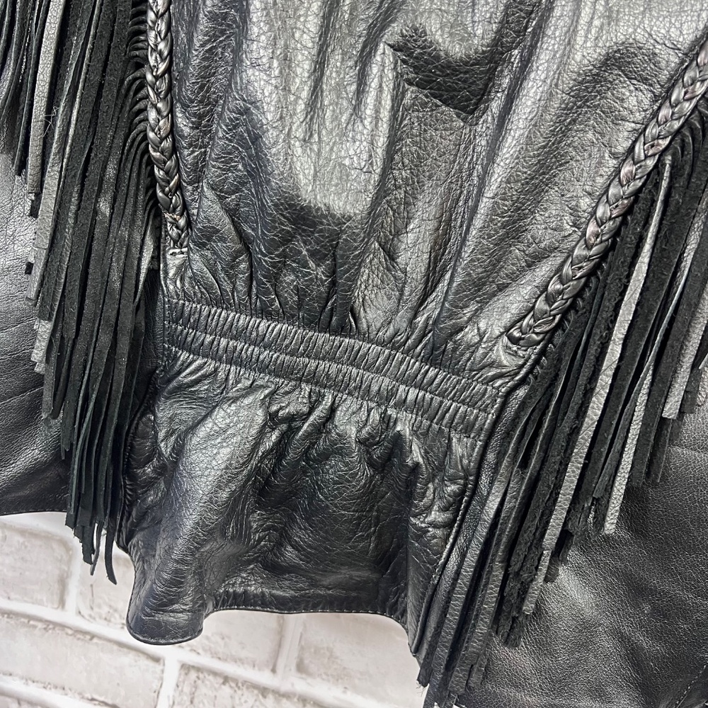 🚫SOLD! 🏍️🌹|•INTERSTATE LEATHER•| Rose Inlay Fringe Heavy Black Leather Jacket Si - Picture 6 of 15